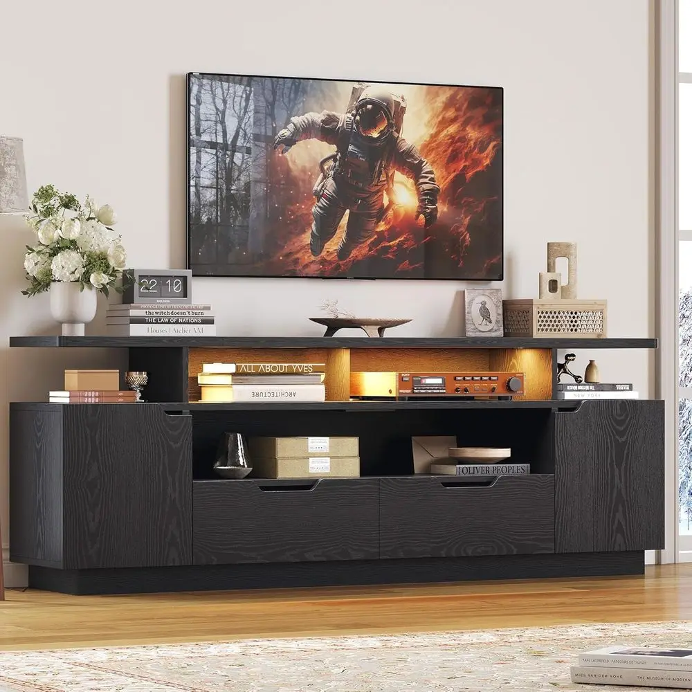 85 Inch TV Stand with Power Outlet, LED Lights, and Storage Cabinets for Living Room in Black
85 Inch TV Stand with Power Outlet, LED Lights, and Storage Cabinets for Living Room in Black