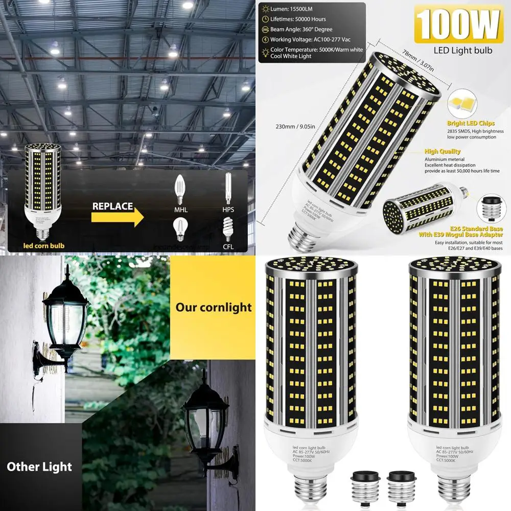 100W 2-Pack LED Corn Bulbs, 1000W Replacement, Daylight 5000K, 14200LM, Medium Base, Suitable for Large Spaces
100W 2-Pack LED Corn Bulbs, 1000W Replacement, Daylight 5000K, 14200LM, Medium Base, Suitable for Large Spaces