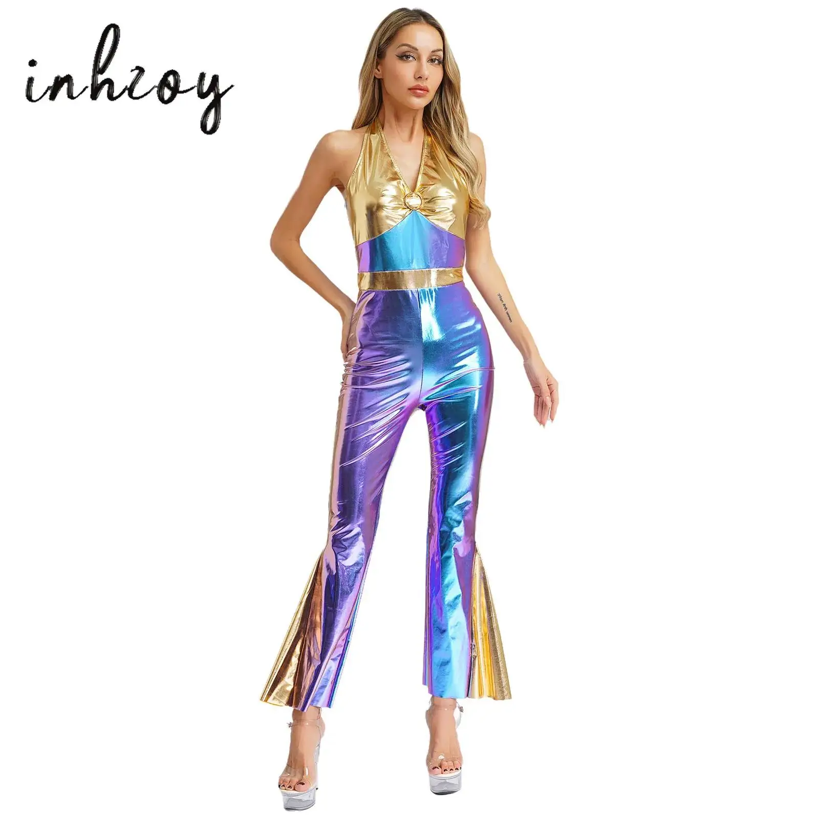 Womens Shiny Metallic 70s 80s Disco Dance Jumpsuit V Neck Halter Sleeveless High Waist Flared Jumpsuit Halloween Party Costume
Womens Shiny Metallic 70s 80s Disco Dance Jumpsuit V Neck Halter Sleeveless High Waist Flared Jumpsuit Halloween Party Costume