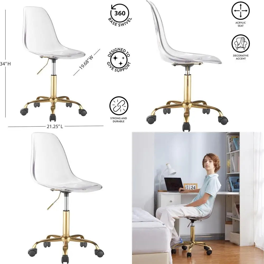Ergonomic Swivel Office Chair with Clear Acrylic Seat, Gold Legs and Casters
Ergonomic Swivel Office Chair with Clear Acrylic Seat, Gold Legs and Casters