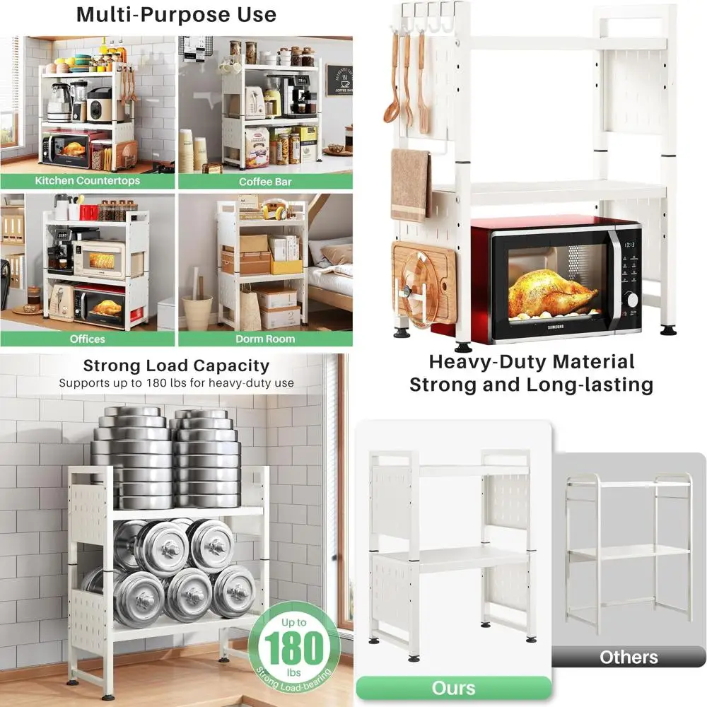 Регулируемая трехъярусная подставка для микроволновой печи с 9 крючками, расширяемая кухонная полка для хранения кладовой, столешницы, кафе-бара, офиса, общежития
Регулируемая трехъярусная подставка для микроволновой печи с 9 крючками, расширяемая кухонная полка для хранения кладовой, столешницы, кафе-бара, офиса, общежития