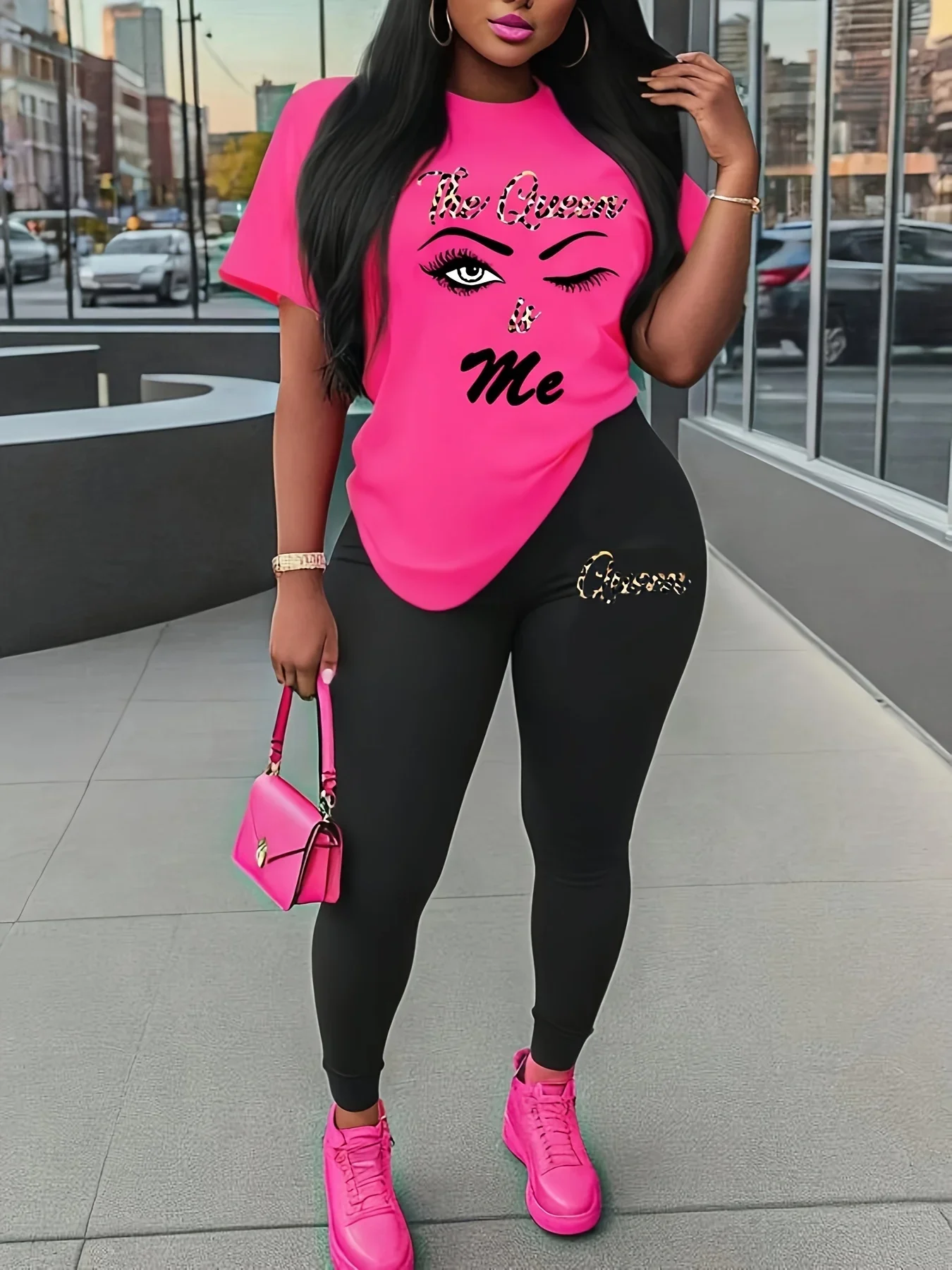 Women's Sports Outfit Set, Plus Size Abstract Figure Print Short Sleeve T-shirt Top & Medium Stretch Comfy Pants Fitness Outfit
Women's Sports Outfit Set, Plus Size Abstract Figure Print Short Sleeve T-shirt Top & Medium Stretch Comfy Pants Fitness Outfit