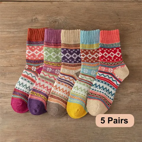 5 paires/lot nouveau Witner épais chaud femmes chaussettes Vintage chaussettes de noël chaussettes colorées cadeau taille unique US5-9