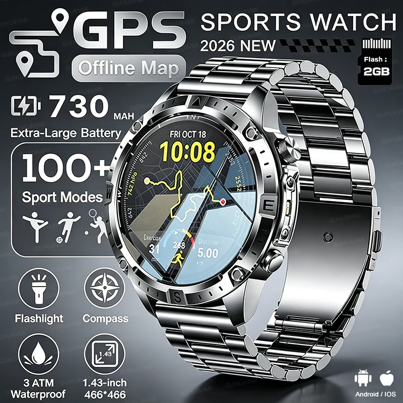 T-Rex3 Pro New GPS Smart Watch Outdoor Map Navigation Compass LED Flashlight 730mAh Battery 3ATM Waterproof Call Men Sport Watch