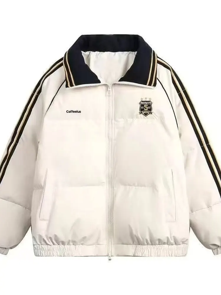 Retro American Style Cotton Jacket with Stripe Color Block Thickened Embroidery Loose Fit Winter Outerwear for Students
Retro American Style Cotton Jacket with Stripe Color Block Thickened Embroidery Loose Fit Winter Outerwear for Students