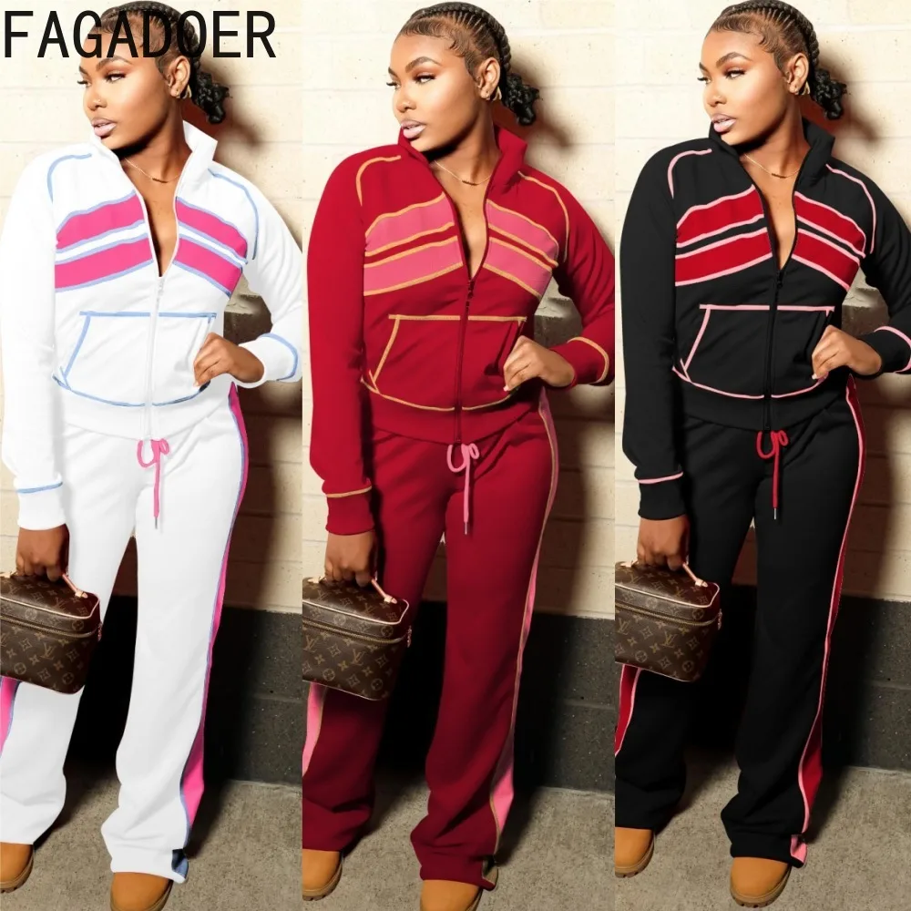 FAGADOER Autumn New Fashion Sport Woman 2 Piece Set Outfit Stripe Patchwork Zipper Crop Jacket and Pants Tracksuits Streetwear
FAGADOER Autumn New Fashion Sport Woman 2 Piece Set Outfit Stripe Patchwork Zipper Crop Jacket and Pants Tracksuits Streetwear
