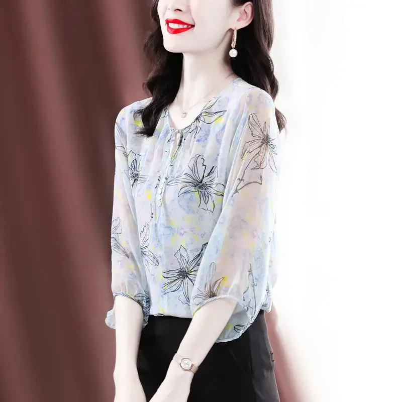 Women Summer Fashion Elegant Loose Printing 3/4 Sleeve Chiffon Shirts Women Clothes Casual All-match Thin Tops
Women Summer Fashion Elegant Loose Printing 3/4 Sleeve Chiffon Shirts Women Clothes Casual All-match Thin Tops
