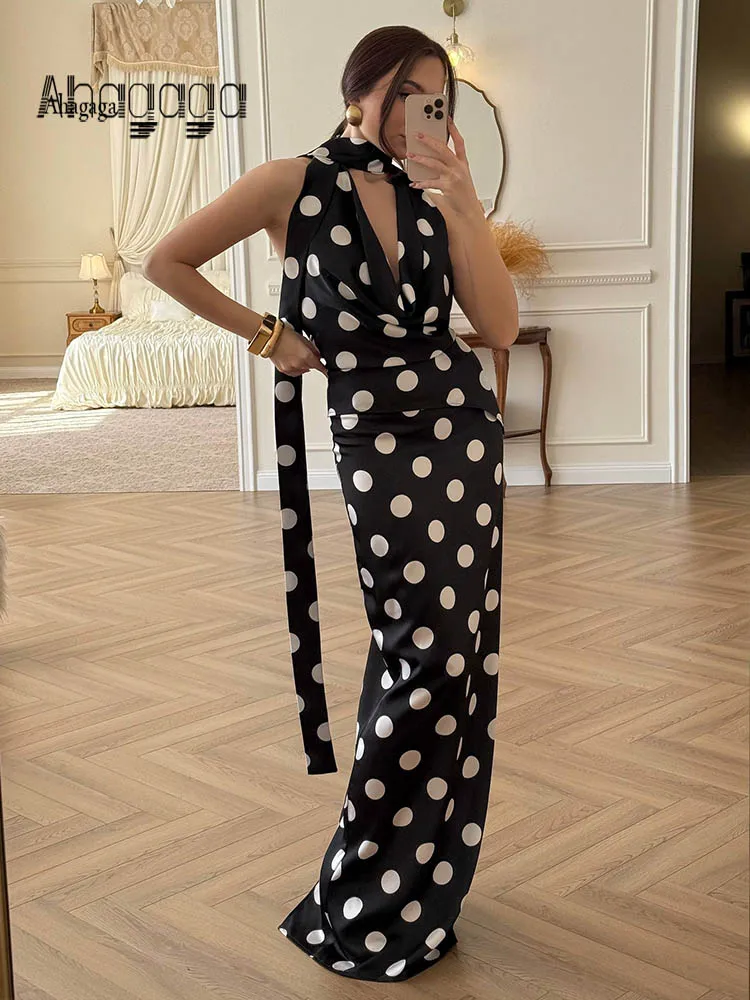 Ahagaga Slim 2 Piece Set Sexy Women Polka Dot Halter Deep V Neck (Sleeveless Top+High Waist Maxi Skirt)Elegant Club Party Suits
Ahagaga Slim 2 Piece Set Sexy Women Polka Dot Halter Deep V Neck (Sleeveless Top+High Waist Maxi Skirt)Elegant Club Party Suits