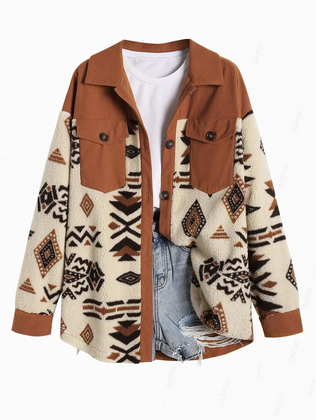 ZAFUL Women's Single Breasted Ethnic Style Aztec Geo Tribal Printed Cargo Pockets Fluffy Corduroy Panel Spliced Teddy Shirt Jack
ZAFUL Women's Single Breasted Ethnic Style Aztec Geo Tribal Printed Cargo Pockets Fluffy Corduroy Panel Spliced Teddy Shirt Jack