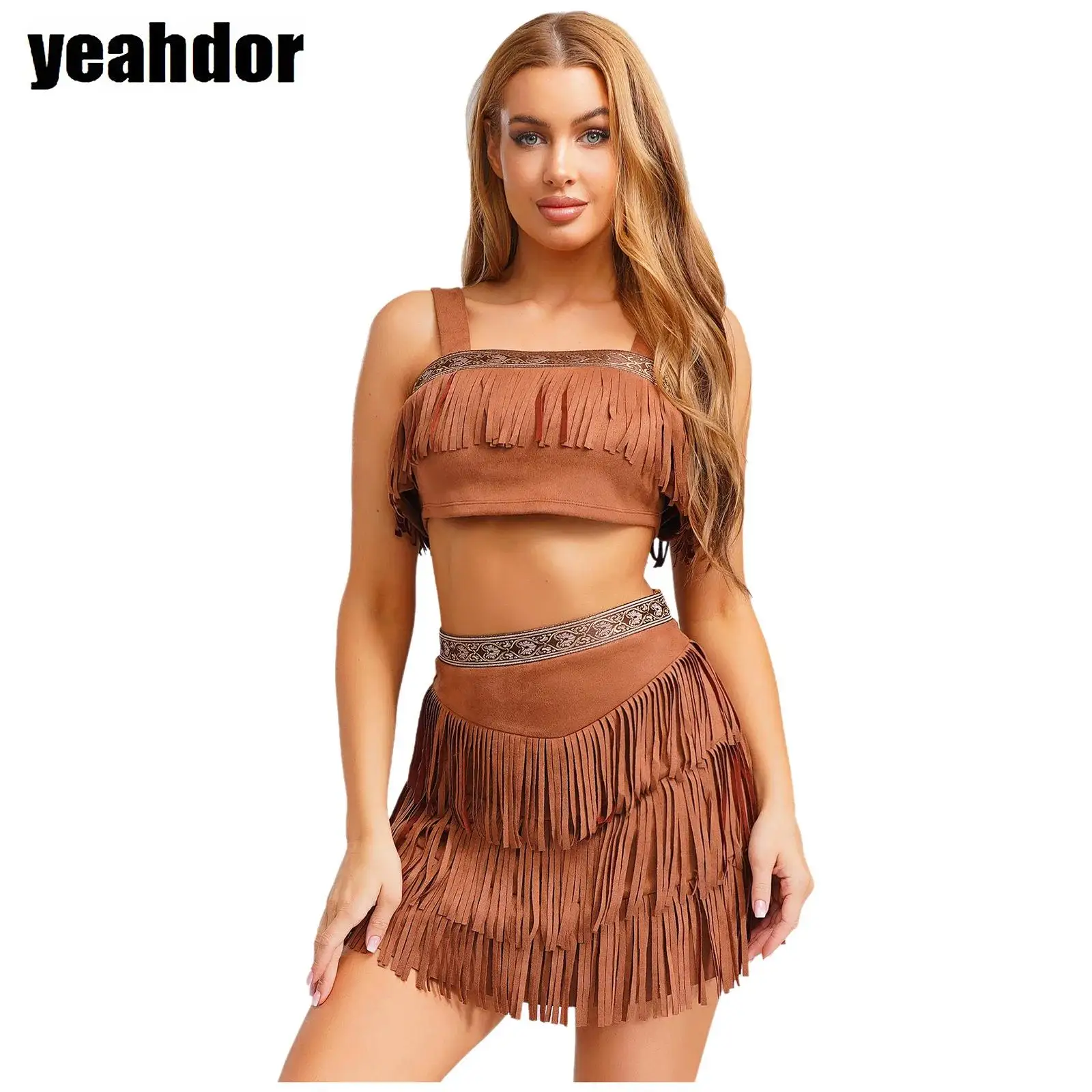 Indian Indigenous Costumes Women Native Princess Cosplay Crop Top And Skirt Tassel Faux Suede Savage Halloween Aboriginal Outfit
Indian Indigenous Costumes Women Native Princess Cosplay Crop Top And Skirt Tassel Faux Suede Savage Halloween Aboriginal Outfit