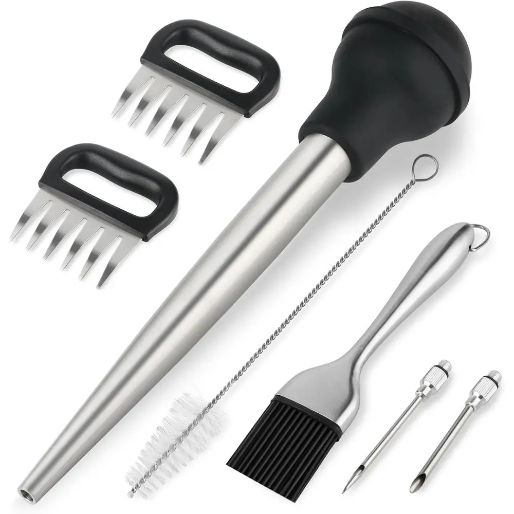 Premium Basting Set: Baster, BBQ Brush, 2 Meat Claws, 2 Flavor Injectors with Cleaning Brush - Essential Kitchen Tools
Premium Basting Set: Baster, BBQ Brush, 2 Meat Claws, 2 Flavor Injectors with Cleaning Brush - Essential Kitchen Tools