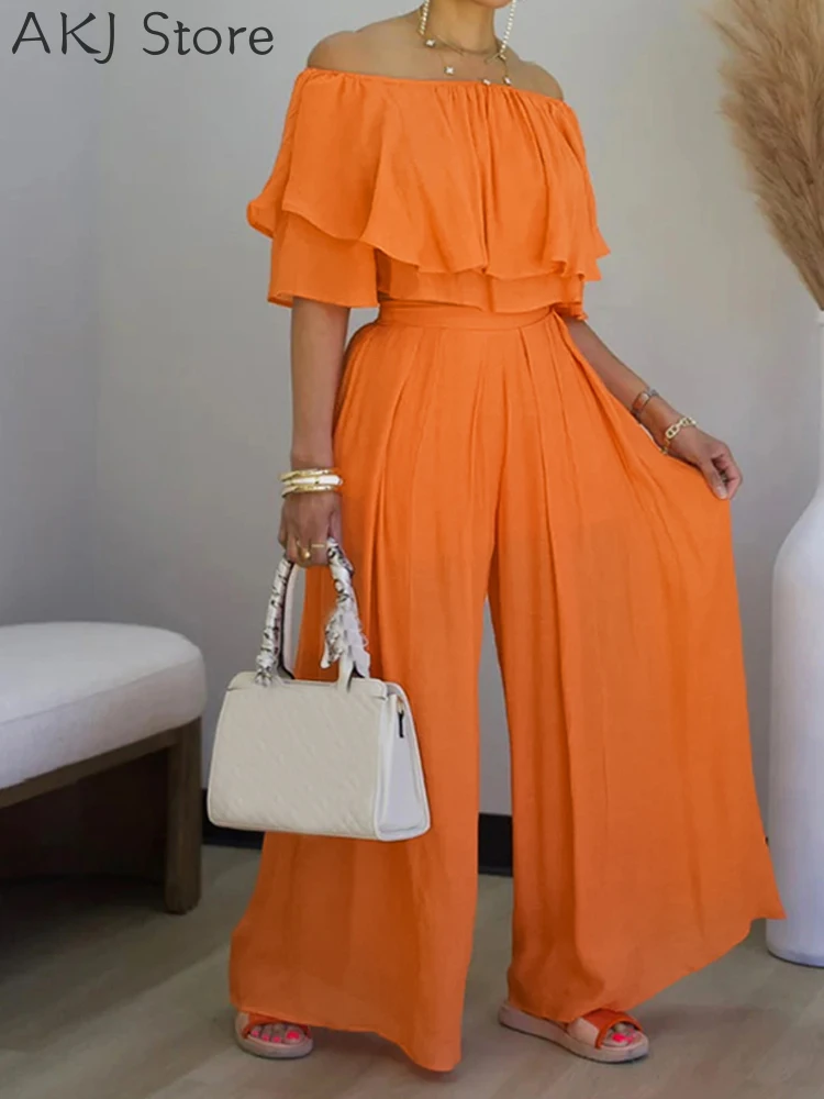 2 Pieces Outfit Off Shoulder Ruffles Crop Top and Casual High Waist Wide Leg Pants Set
2 Pieces Outfit Off Shoulder Ruffles Crop Top and Casual High Waist Wide Leg Pants Set