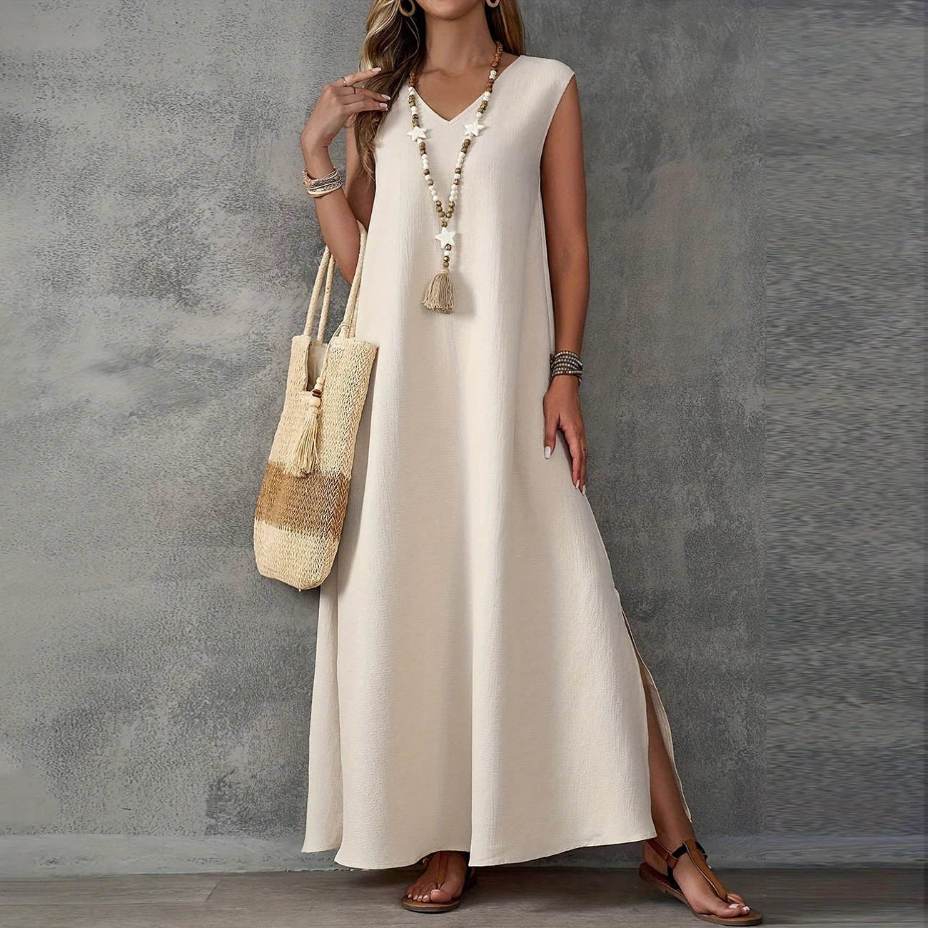 Casual solid color V-neck sleeveless side slit long dress women 2025 summer loose boho dress for women
Casual solid color V-neck sleeveless side slit long dress women 2025 summer loose boho dress for women
