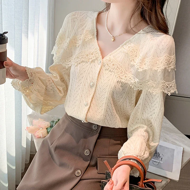Elegant Button Up Loose Lace Blouse Office Long Sleeve V Neck White Lace Shirt Fashion Women Lady Tops Female Clothing New 29629
Elegant Button Up Loose Lace Blouse Office Long Sleeve V Neck White Lace Shirt Fashion Women Lady Tops Female Clothing New 29629