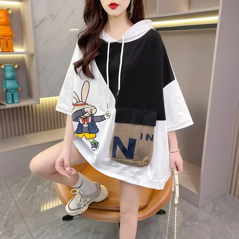 Spring Summer Cartoon Print Short Sleeve Women's T-shirt Hooded Loose Color Block Design Korean Style Casual Cotton Top
Spring Summer Cartoon Print Short Sleeve Women's T-shirt Hooded Loose Color Block Design Korean Style Casual Cotton Top