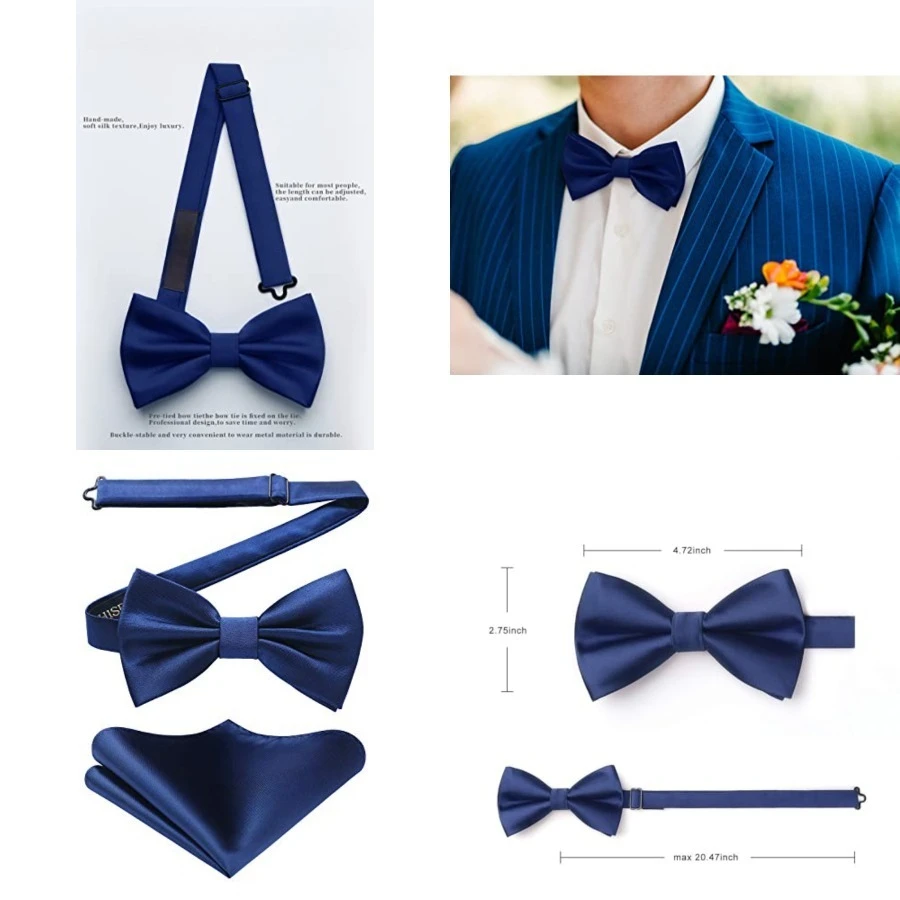 Bow Ties for Men Solid Color Pre-Tie Bow Tie and Pocket Square Set Classic Formal Tuxedo Bowties for Wedding Party,B-navy Blue 2
Bow Ties for Men Solid Color Pre-Tie Bow Tie and Pocket Square Set Classic Formal Tuxedo Bowties for Wedding Party,B-navy Blue 2