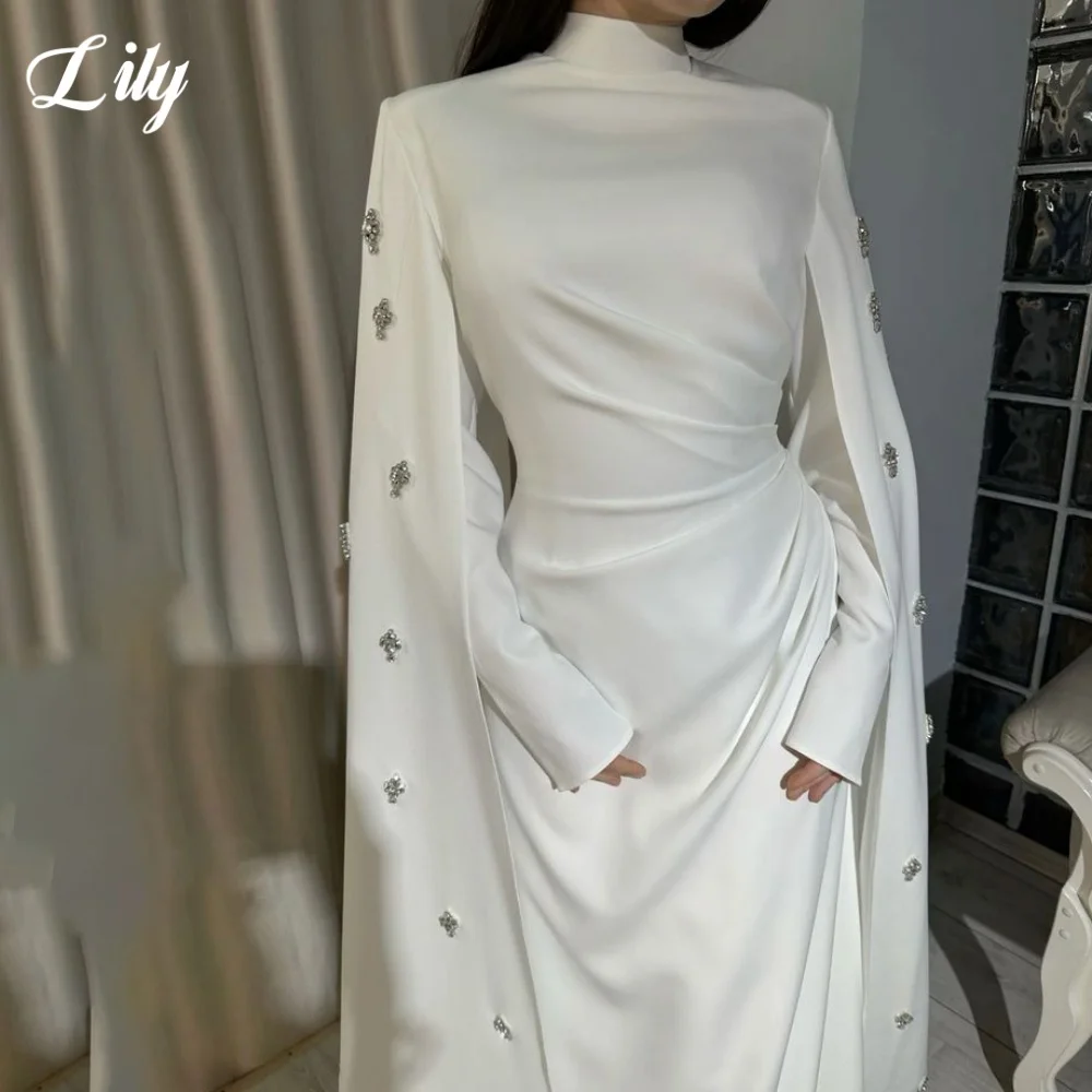 Lily White Elegant Prom Dress High-Neck Long Sleeves Evening Dresses Shiny Rhinestones Satin Formal Dress robe de bal Customized
Lily White Elegant Prom Dress High-Neck Long Sleeves Evening Dresses Shiny Rhinestones Satin Formal Dress robe de bal Customized