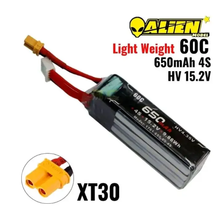 Alienmodel 4S HV 15.2V 650mAh 60C Lipo Battery with XT30 Plug AL650/60-4S for 85 and 95mm Cinewhoop RC drone
Alienmodel 4S HV 15.2V 650mAh 60C Lipo Battery with XT30 Plug AL650/60-4S for 85 and 95mm Cinewhoop RC drone