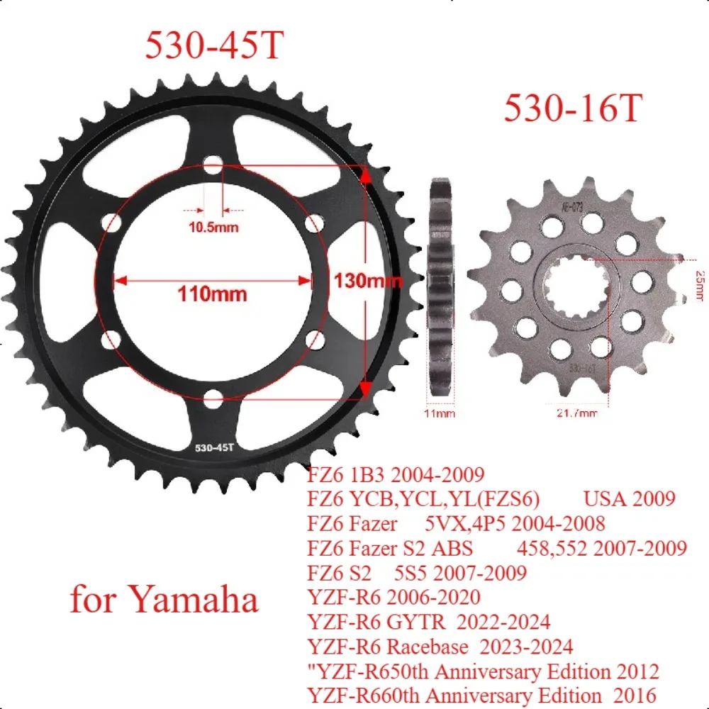 530 16T 45T Motor Bike Front Rear Sprocket Gear Wheel Cam for Yamaha FZ6 FZ6 Fazer S2 YZF-R6 Racebase YZF-R650th YZF-R660th
530 16T 45T Motor Bike Front Rear Sprocket Gear Wheel Cam for Yamaha FZ6 FZ6 Fazer S2 YZF-R6 Racebase YZF-R650th YZF-R660th