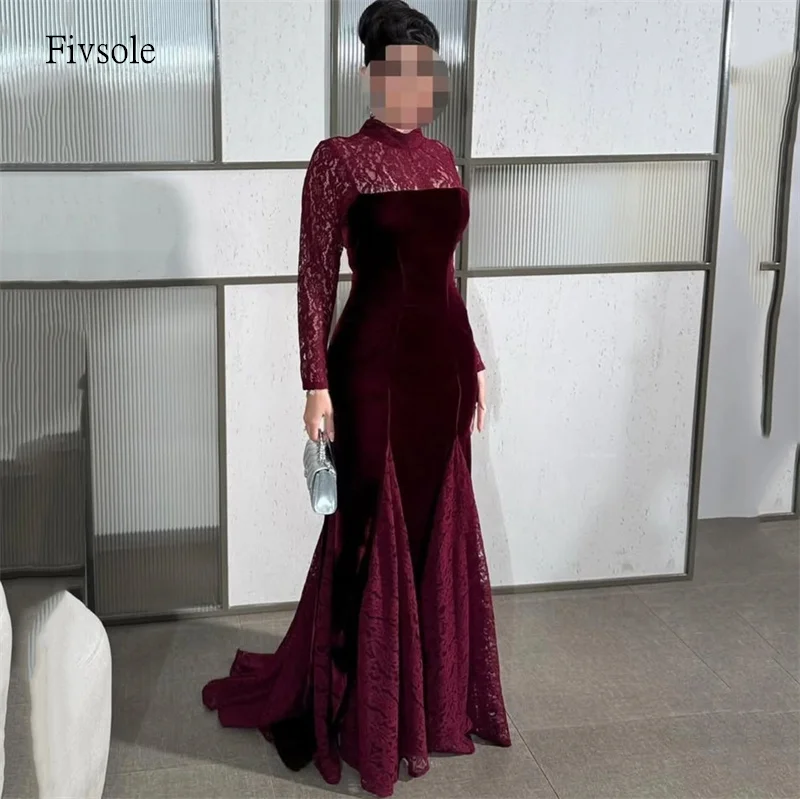 Fivsole Saudi Burgundy Lace High Neck Mermaid Prom Gowns Long Sleeves Party Gown Floor Length Gala Evening Dress Customized
Fivsole Saudi Burgundy Lace High Neck Mermaid Prom Gowns Long Sleeves Party Gown Floor Length Gala Evening Dress Customized