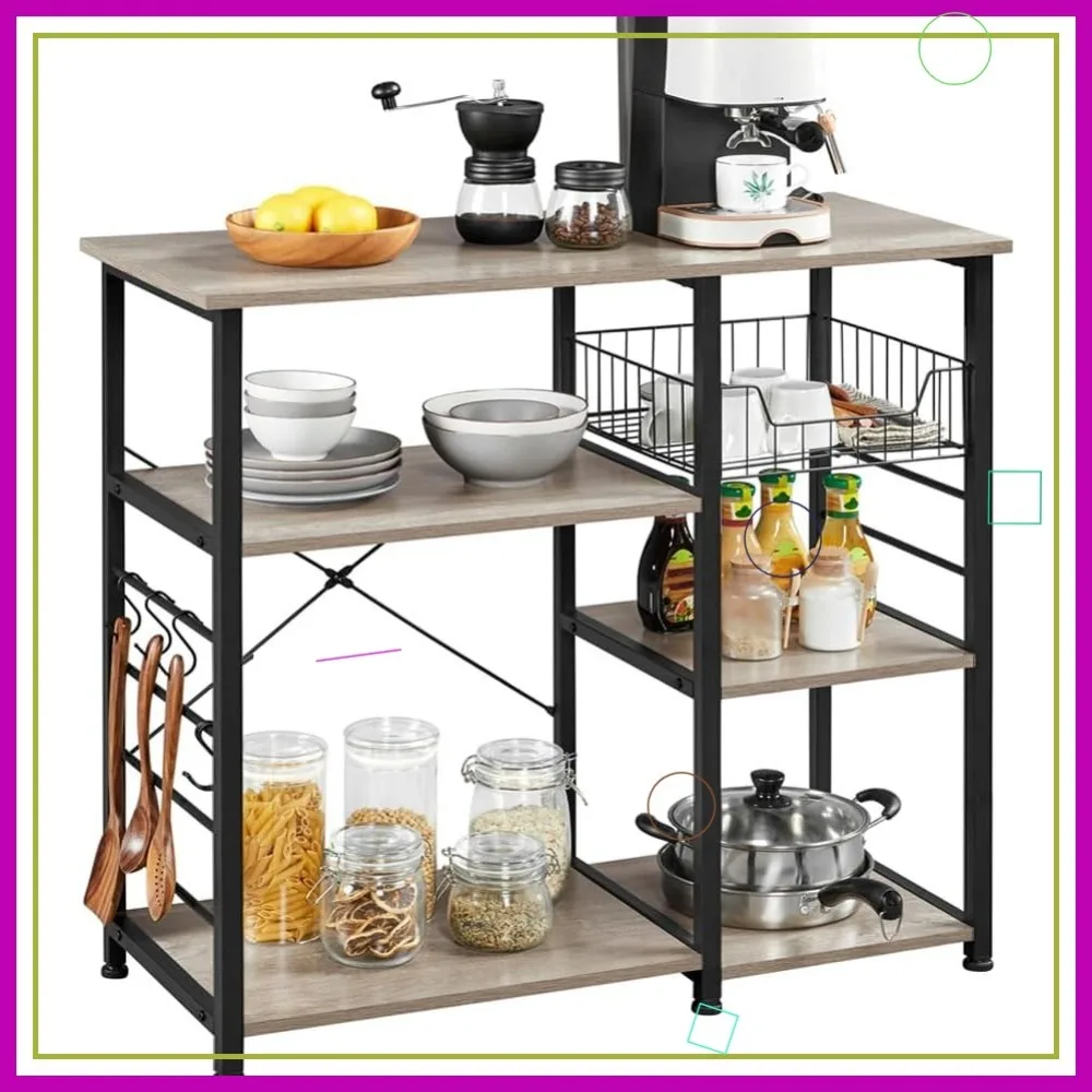 Kitchen Bakers Rack with Wire Basket, Coffee Bar Table Microwave Stand, Metal Storage Shelf with Hooks, Gray
Kitchen Bakers Rack with Wire Basket, Coffee Bar Table Microwave Stand, Metal Storage Shelf with Hooks, Gray