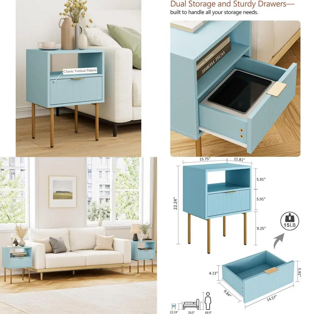 Mid-Century Modern Nightstand with Drawer and Shelf, Gold Frame Accent Table for Bedroom or Living Room, Blue
Mid-Century Modern Nightstand with Drawer and Shelf, Gold Frame Accent Table for Bedroom or Living Room, Blue