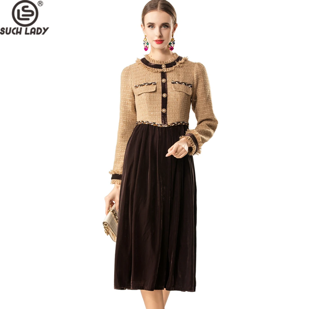 Women's Tweed Velvet Contrast Long Sleeve Maxi Dress, Pearl Button Jacket Style Gown with Frayed Collar & Braided Trim
Women's Tweed Velvet Contrast Long Sleeve Maxi Dress, Pearl Button Jacket Style Gown with Frayed Collar & Braided Trim