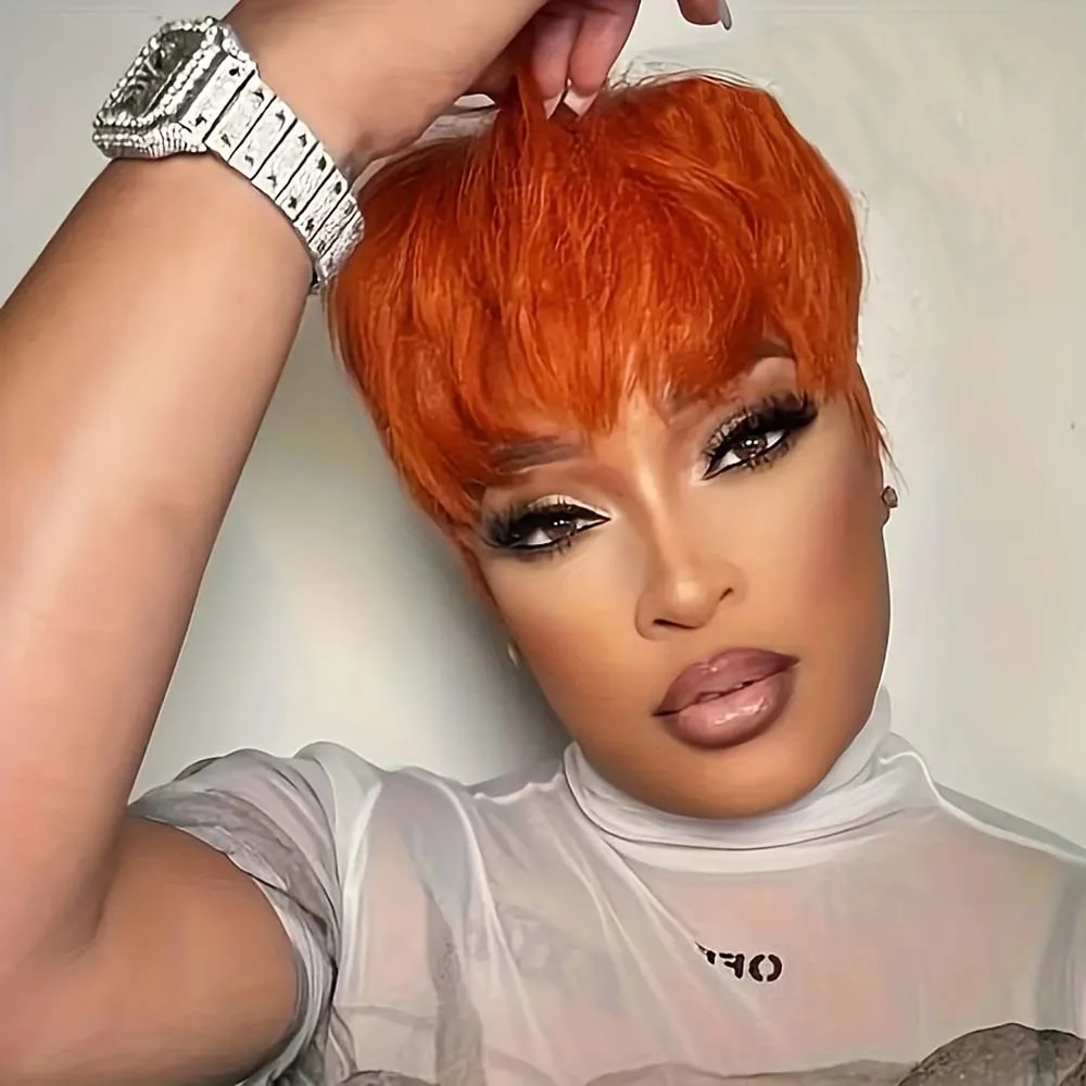 Orange Color Pixie Cut Wigs with Bangs Short Human Hair Wigs for Black Women Brazilian Virgin Human Hair Machine Made Wigs
Orange Color Pixie Cut Wigs with Bangs Short Human Hair Wigs for Black Women Brazilian Virgin Human Hair Machine Made Wigs