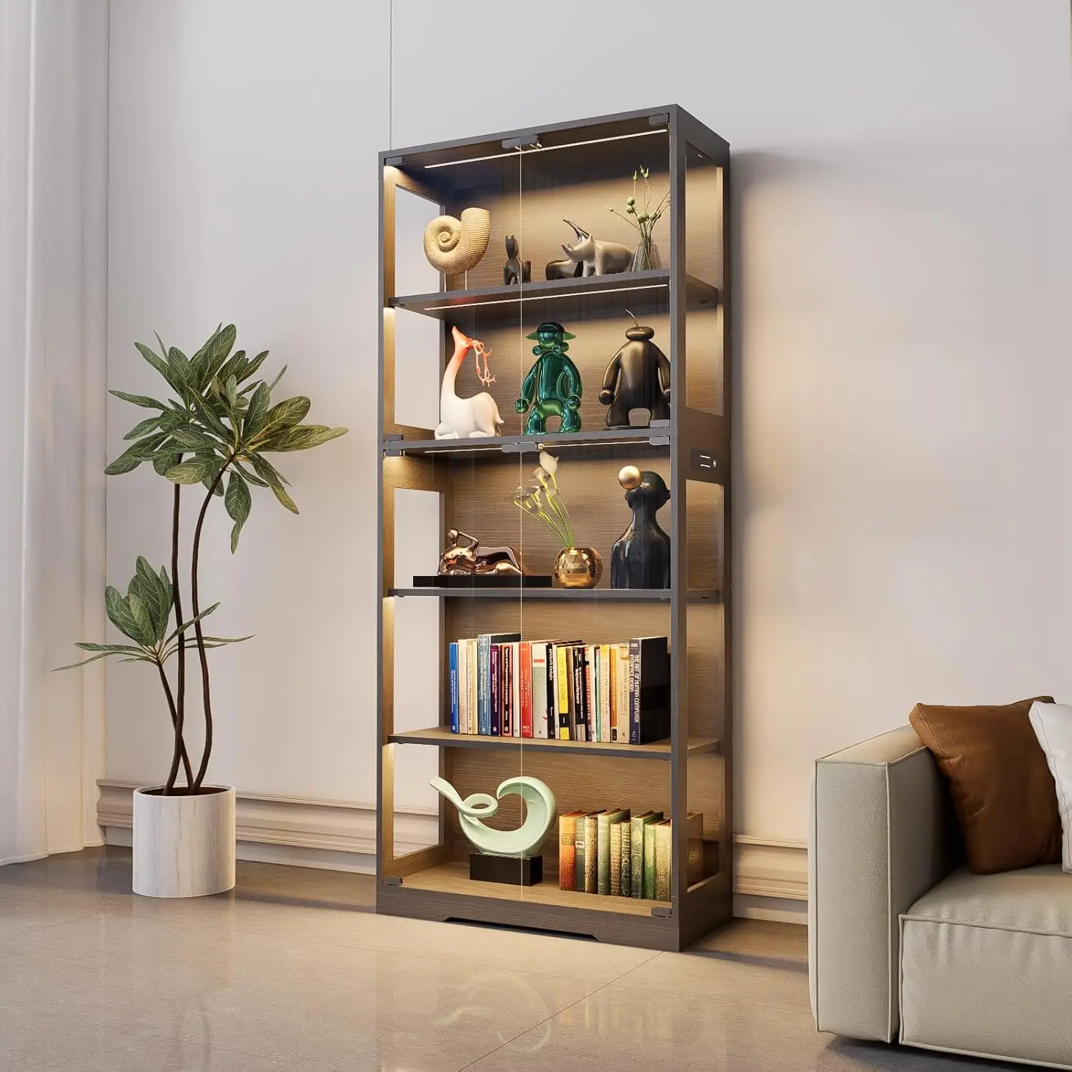 Display Cabinet with Glass Doors, 5-Tier 65" Glass Display Cabinet with LED 3-Color Lights & Human Body Sensor, Curio Cabinet wi
Display Cabinet with Glass Doors, 5-Tier 65" Glass Display Cabinet with LED 3-Color Lights & Human Body Sensor, Curio Cabinet wi