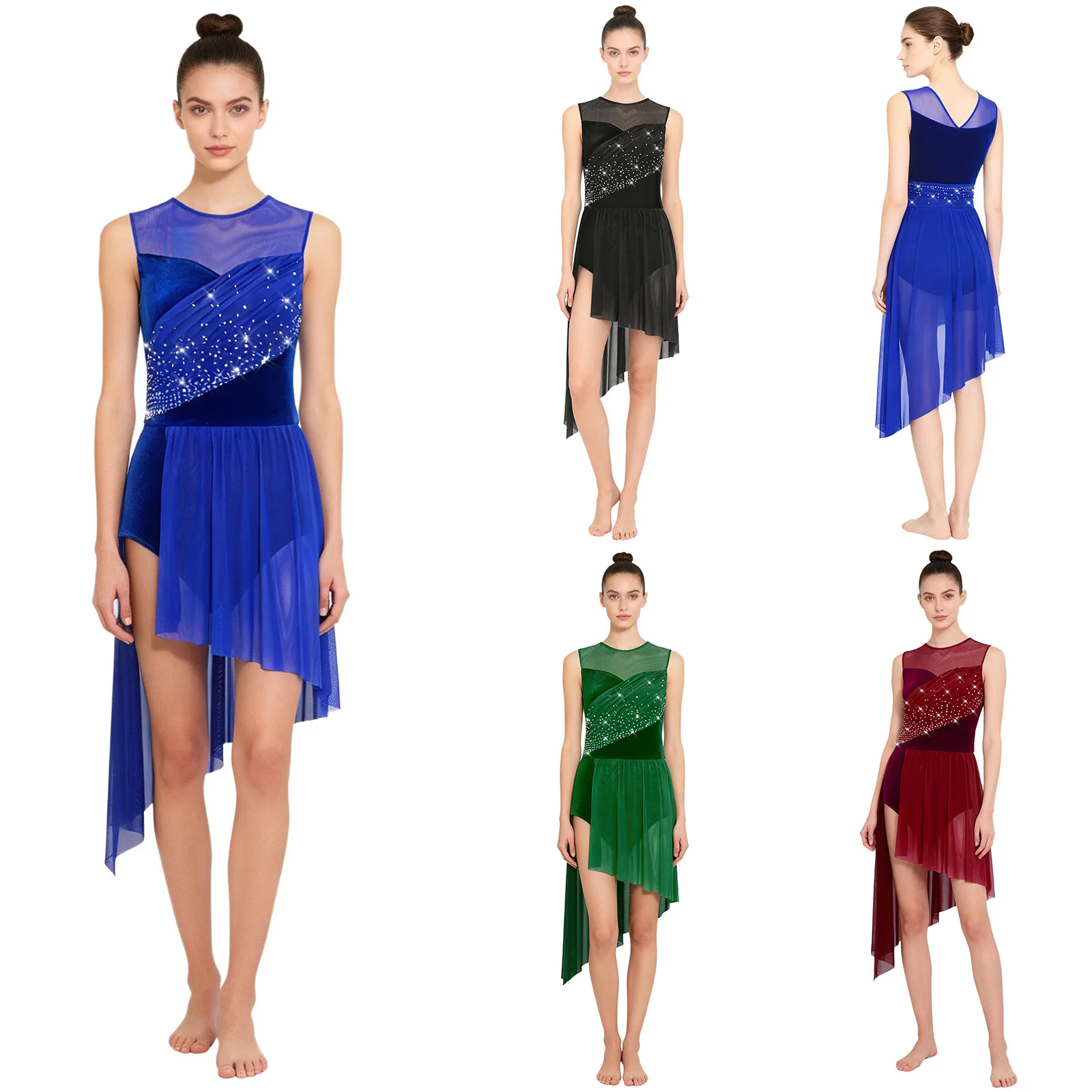 Women Lyrical Dance Bodysuit Dress V Neck Irregular Hem Buttoned Crotch Rhinestone Velvet and Mesh Dress Ballet Jazz Dancewear
Women Lyrical Dance Bodysuit Dress V Neck Irregular Hem Buttoned Crotch Rhinestone Velvet and Mesh Dress Ballet Jazz Dancewear