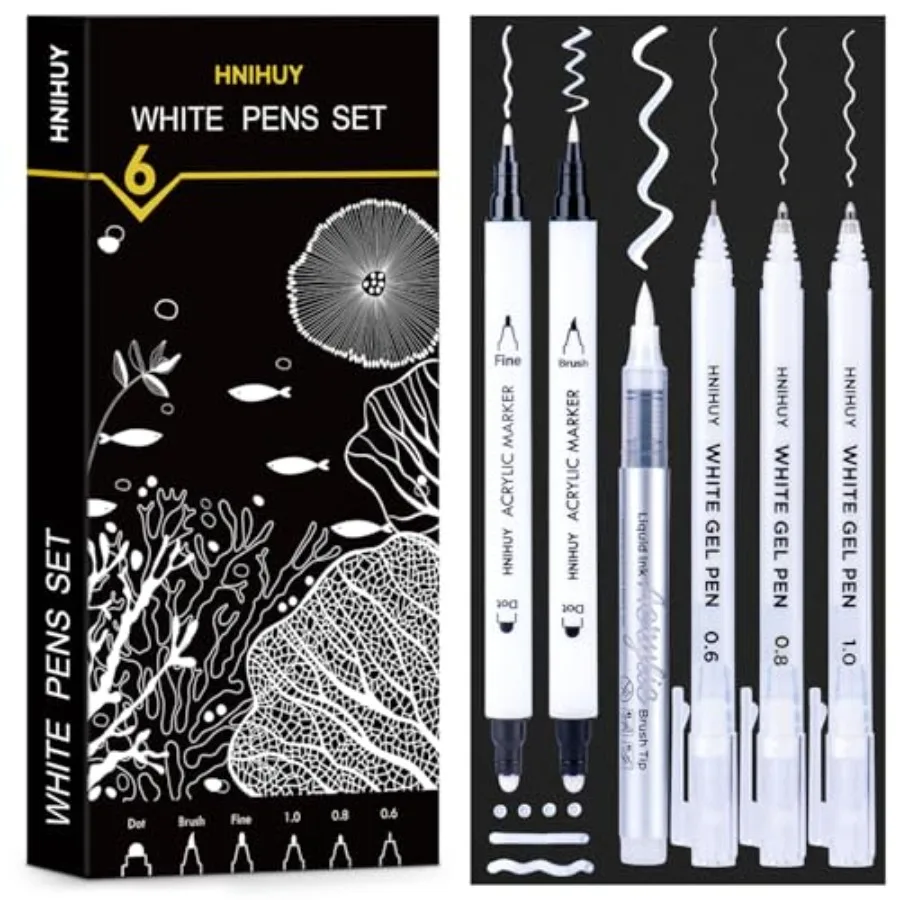 HNIHUY White Ink Pens, Fine Point White Gel Pens, Brush Tip Acrylic Markers, Dual-Tip Opaque Paint Pens for Black Paper Drawing
HNIHUY White Ink Pens, Fine Point White Gel Pens, Brush Tip Acrylic Markers, Dual-Tip Opaque Paint Pens for Black Paper Drawing