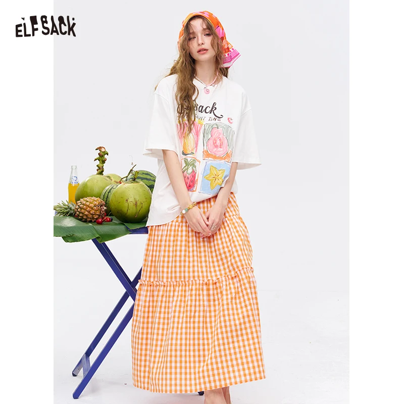 ELFSACK Women's 2 Piece Outfit, Watercolor Fruit Print Short Sleeve Tee + Orange Gingham Tiered Midi Skirt, Casual Co-ord Set
ELFSACK Women's 2 Piece Outfit, Watercolor Fruit Print Short Sleeve Tee + Orange Gingham Tiered Midi Skirt, Casual Co-ord Set