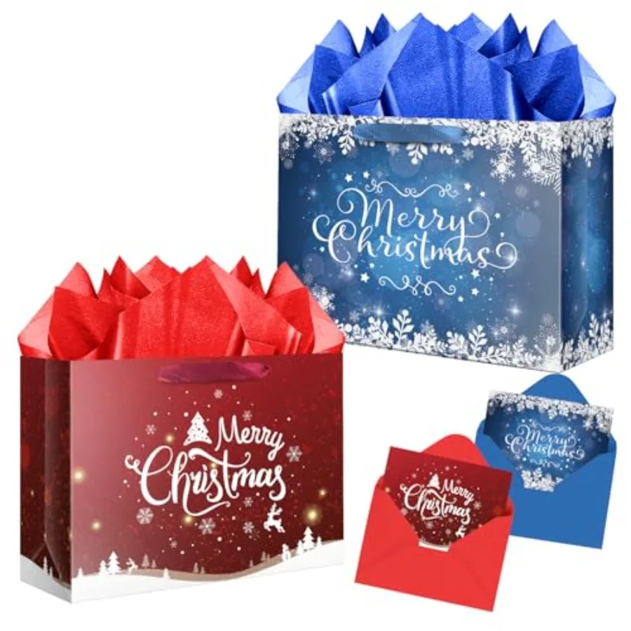 2Pack Large Christmas Snowflake Gift Bag with Tissue Paper and Card for Xmas Holiday Presents Wrapping Red, Blue
2Pack Large Christmas Snowflake Gift Bag with Tissue Paper and Card for Xmas Holiday Presents Wrapping Red, Blue
