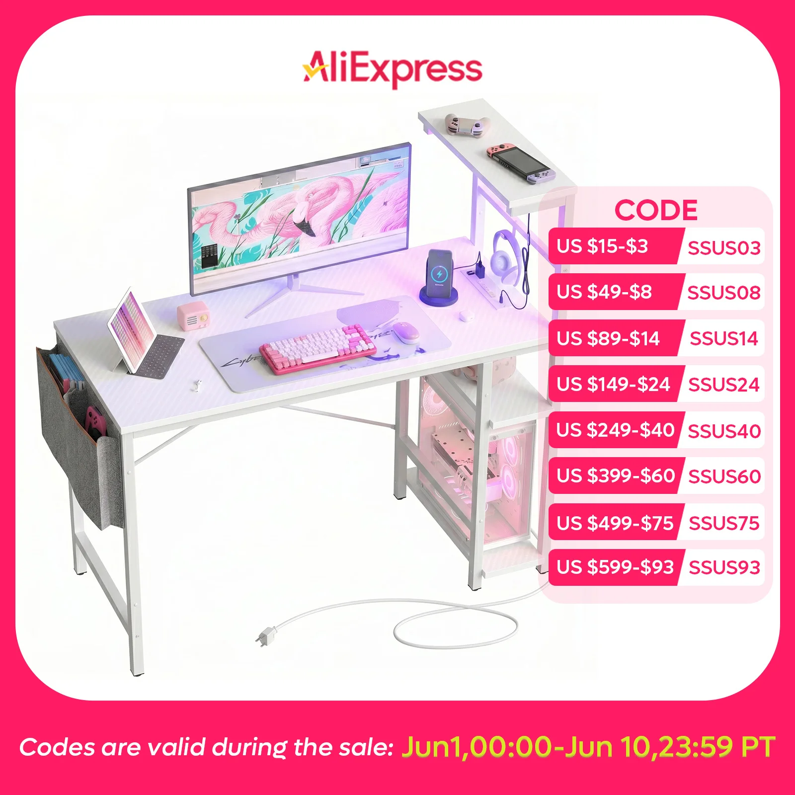 NOST&HOST 44 Inch Gaming Desk with Power Outlets, 4 Tiers Reversible Shelves, Headset Hook & Side Storage Bag (White 3D Carbon Fiber)
NOST&HOST 44 Inch Gaming Desk with Power Outlets, 4 Tiers Reversible Shelves, Headset Hook & Side Storage Bag (White 3D Carbon Fiber)