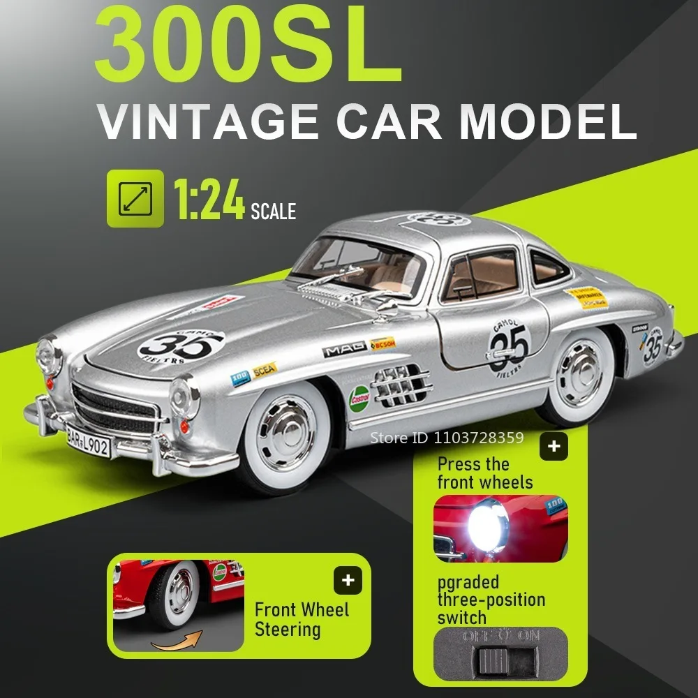 1:24 Scale 300SL 500K Model Toy Vintage Car Alloy Diecast Shock Absorption Pull Back Doors Opened Sound Light for Children Gifts
1:24 Scale 300SL 500K Model Toy Vintage Car Alloy Diecast Shock Absorption Pull Back Doors Opened Sound Light for Children Gifts