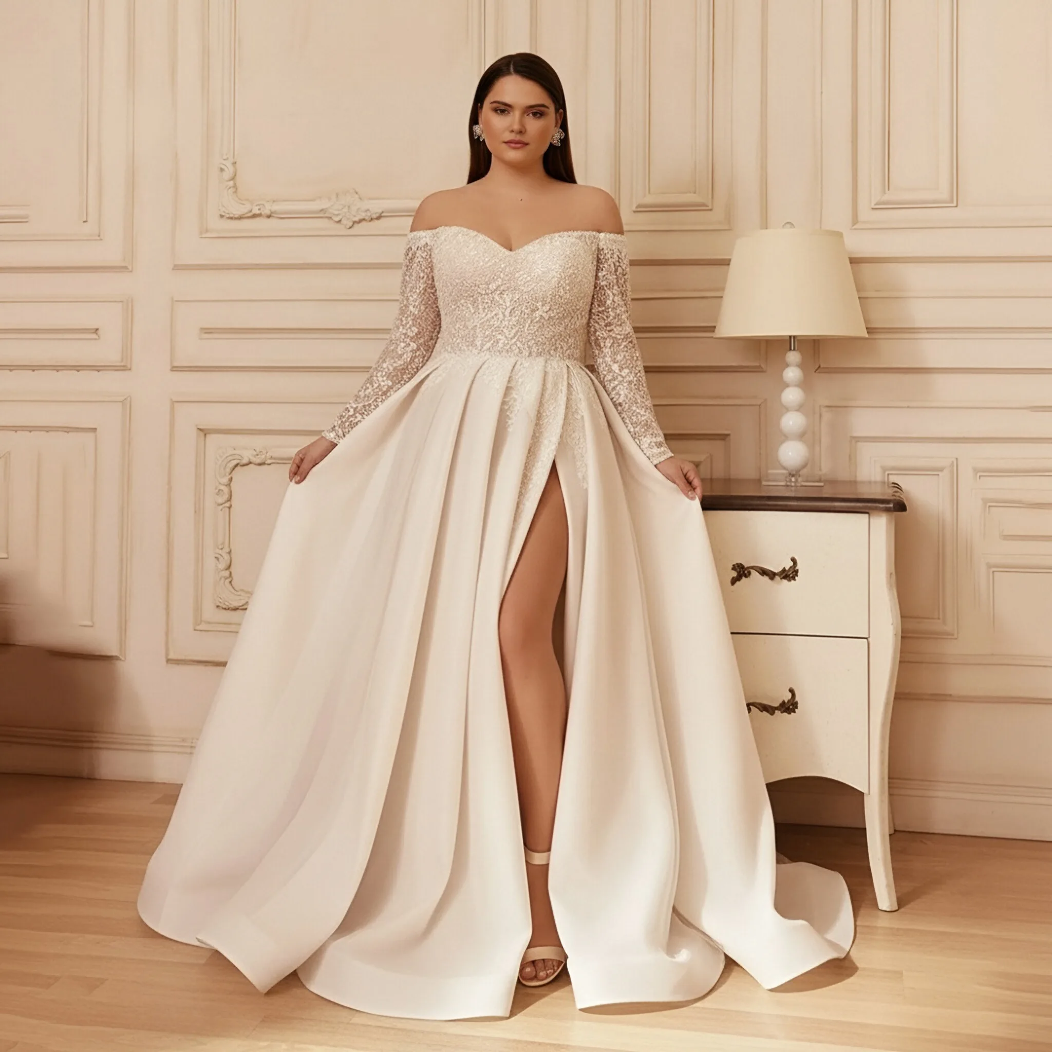 Lace Wedding Dresses Luxury 2026 Off Shoulder Split Applique vestidos de novia curvy Bride Gowns For Large Size Women Customized
Lace Wedding Dresses Luxury 2026 Off Shoulder Split Applique vestidos de novia curvy Bride Gowns For Large Size Women Customized