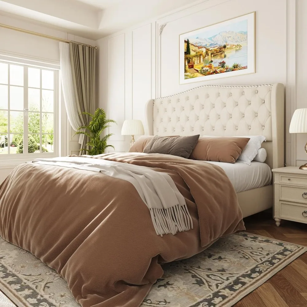 Bed Frame with 51.2" Tall Headboard, Velvet Upholstered Platform Bed Wingback Headboard, Diamond Textured, Button Tuf
Bed Frame with 51.2" Tall Headboard, Velvet Upholstered Platform Bed Wingback Headboard, Diamond Textured, Button Tuf