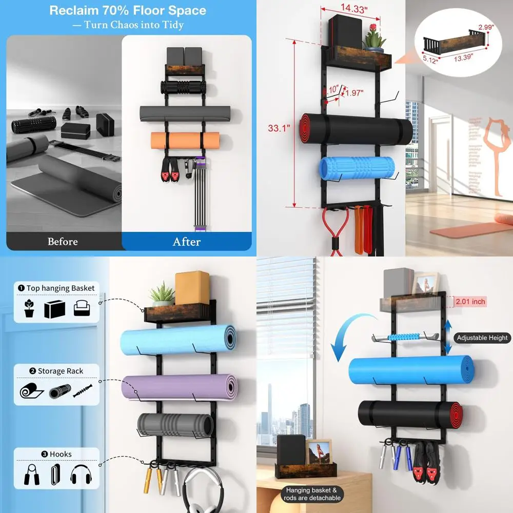 Adjustable Wall-Mounted Yoga Mat Rack, Holder for Foam Roller, Resistance Bands, and Blocks, Compact Gym Storage Solution
Adjustable Wall-Mounted Yoga Mat Rack, Holder for Foam Roller, Resistance Bands, and Blocks, Compact Gym Storage Solution
