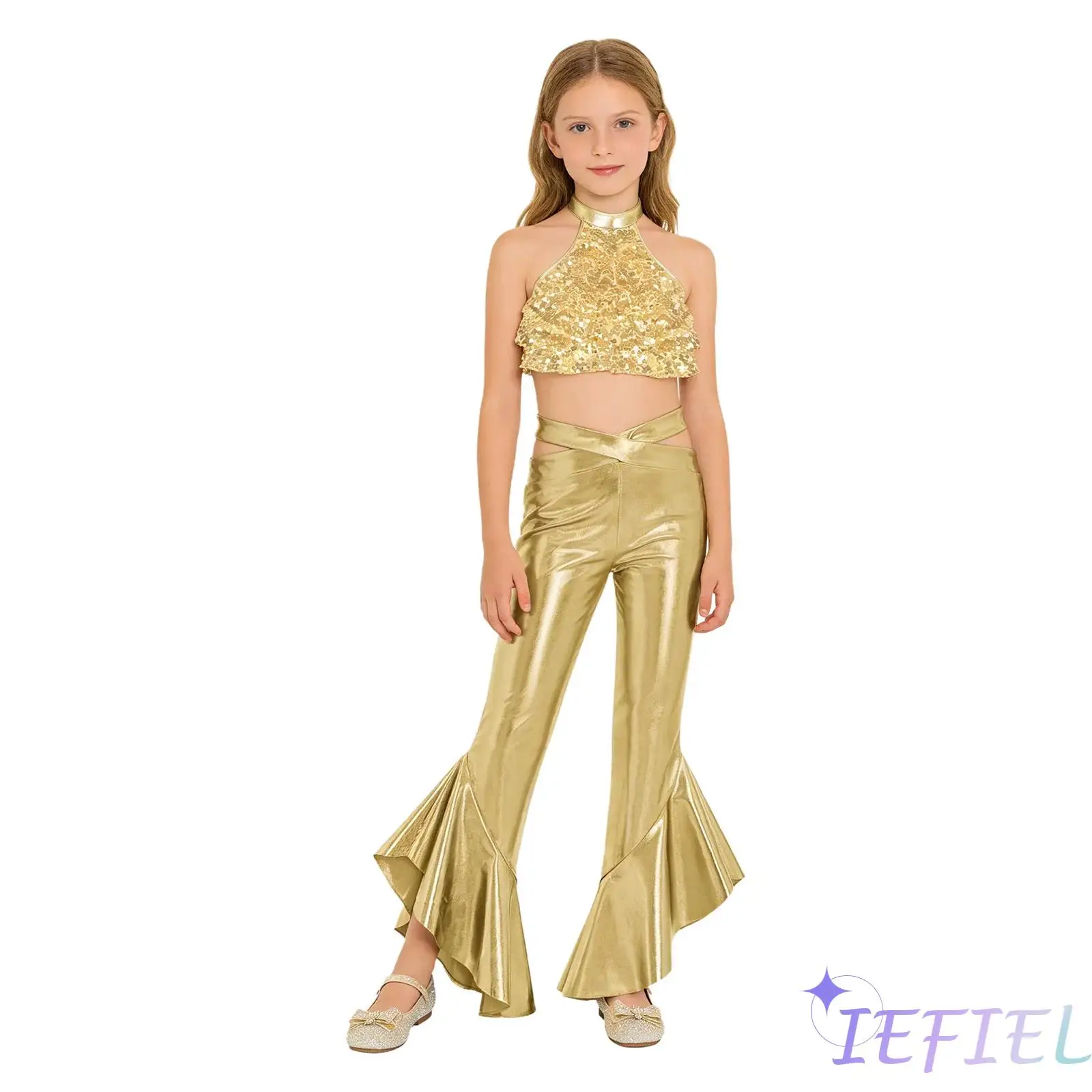 Kids Girls Jazz Dance Pageant Outfit Sleeveless Mock Neck Shiny Sequin Tiered Backless Crop Top with Flared Pants for Disco Wear
Kids Girls Jazz Dance Pageant Outfit Sleeveless Mock Neck Shiny Sequin Tiered Backless Crop Top with Flared Pants for Disco Wear