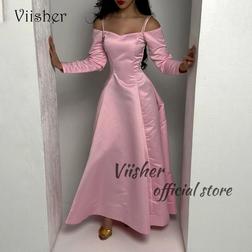 Viisher Pink Satin Evening Dresses with Sleeve Arabian Dubai Prom Dress Spaghetti Straps A Line Wedding Party Gowns 2024
Viisher Pink Satin Evening Dresses with Sleeve Arabian Dubai Prom Dress Spaghetti Straps A Line Wedding Party Gowns 2024