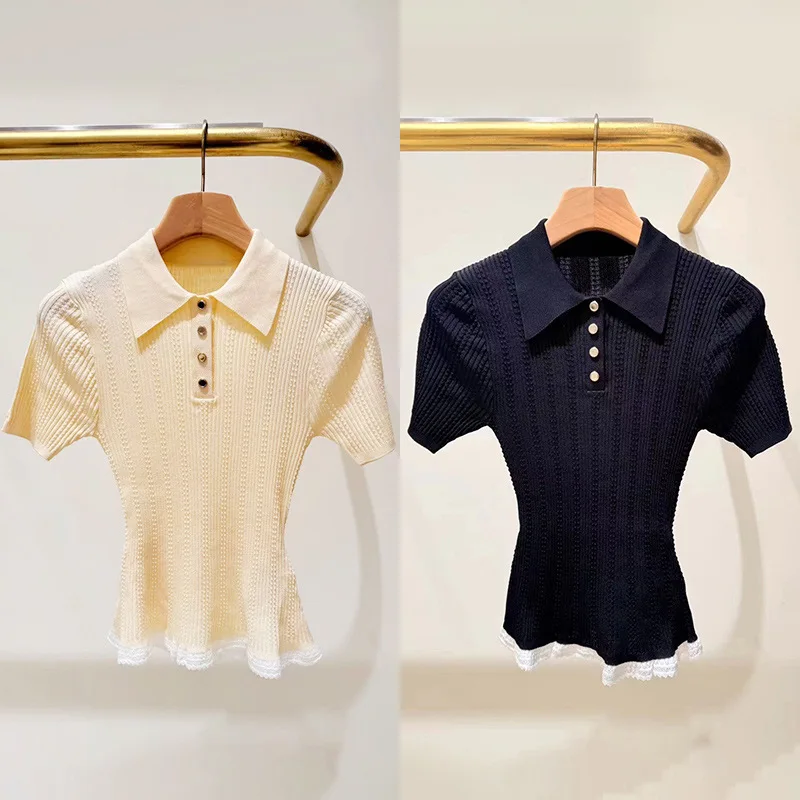 Women Yellow or Black Knitted Pullover Front Buttons Turn-down Collar Short Sleeve Color Contrast Fashion Slim Knit Tee Tops
Women Yellow or Black Knitted Pullover Front Buttons Turn-down Collar Short Sleeve Color Contrast Fashion Slim Knit Tee Tops