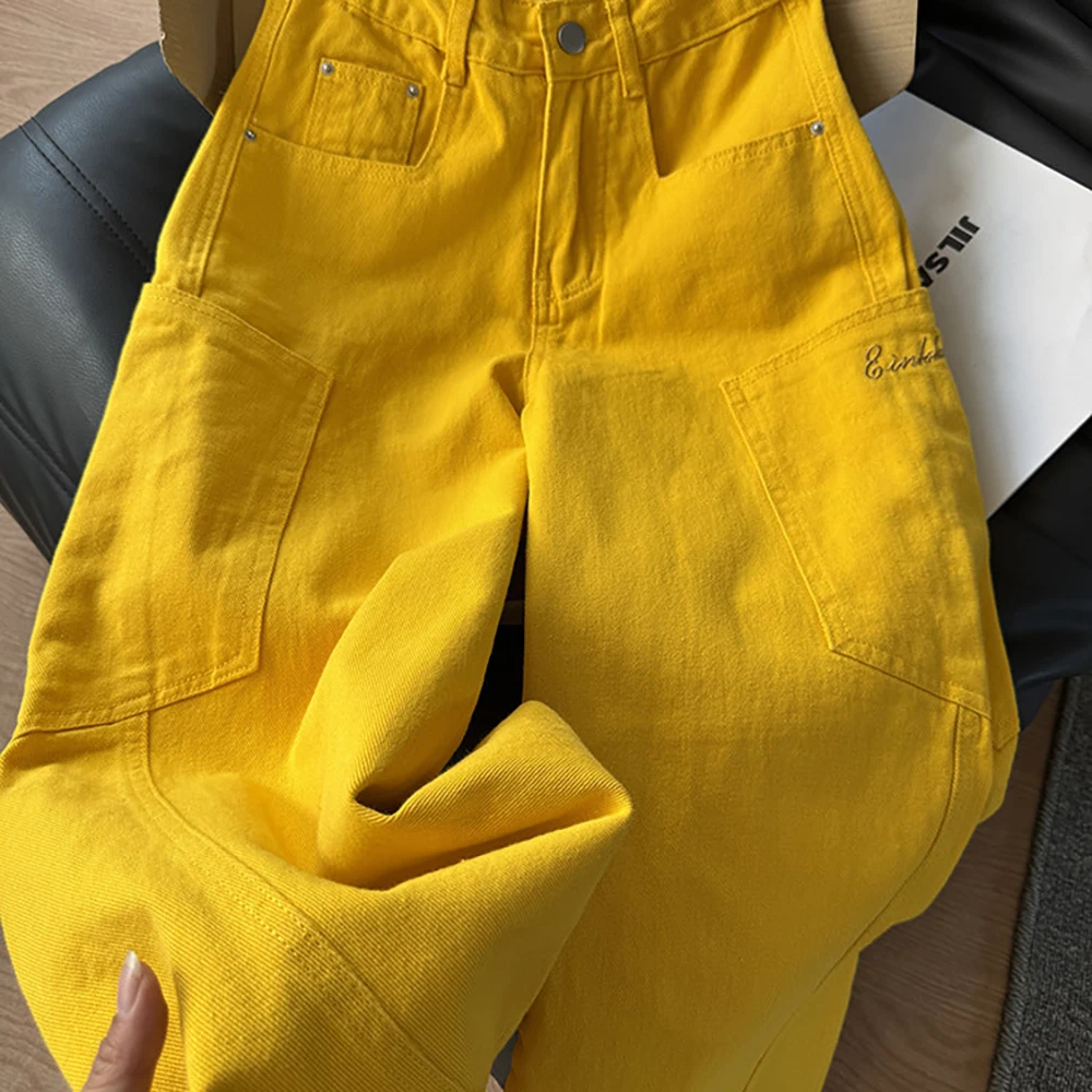 Large Pocket Yellow Cargo Pants for Women Jeans American Style High Waist Wide Leg Denim Pants Streetwear Casual Loose Trousers
Large Pocket Yellow Cargo Pants for Women Jeans American Style High Waist Wide Leg Denim Pants Streetwear Casual Loose Trousers