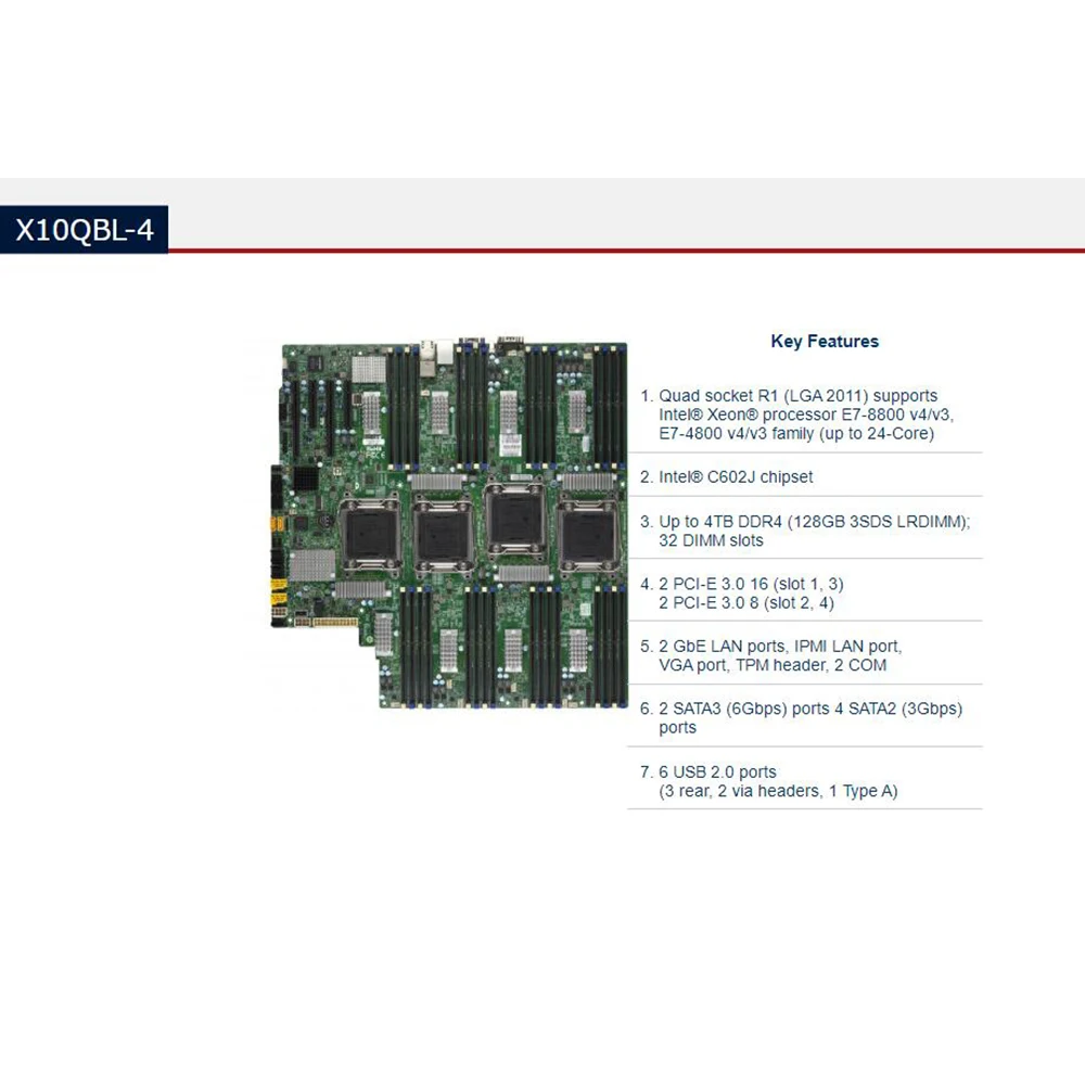 X10QBL-4 для сервера Supermicro Quad Socket R3 (LGA2011) Материнская плата DDR4 E7-4800 v4/v3 Порты локальной сети GbE
X10QBL-4 для сервера Supermicro Quad Socket R3 (LGA2011) Материнская плата DDR4 E7-4800 v4/v3 Порты локальной сети GbE