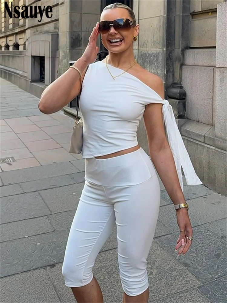 Nsauye Women Casual One Shoulder Y2K Basic Sexy Club Crop Tops T Shirt Bodycon Knee Length Pants Two Piece Set Tracksuit 2025 
Nsauye Women Casual One Shoulder Y2K Basic Sexy Club Crop Tops T Shirt Bodycon Knee Length Pants Two Piece Set Tracksuit 2025