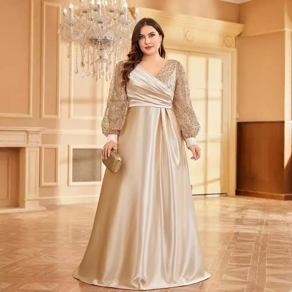 Plus Size Champagne Satin A Line Maxi Dress V Neck Wrap Ruched Bodice Sequin Puff Long Sleeve Mother of Bride Evening Gown
Plus Size Champagne Satin A Line Maxi Dress V Neck Wrap Ruched Bodice Sequin Puff Long Sleeve Mother of Bride Evening Gown