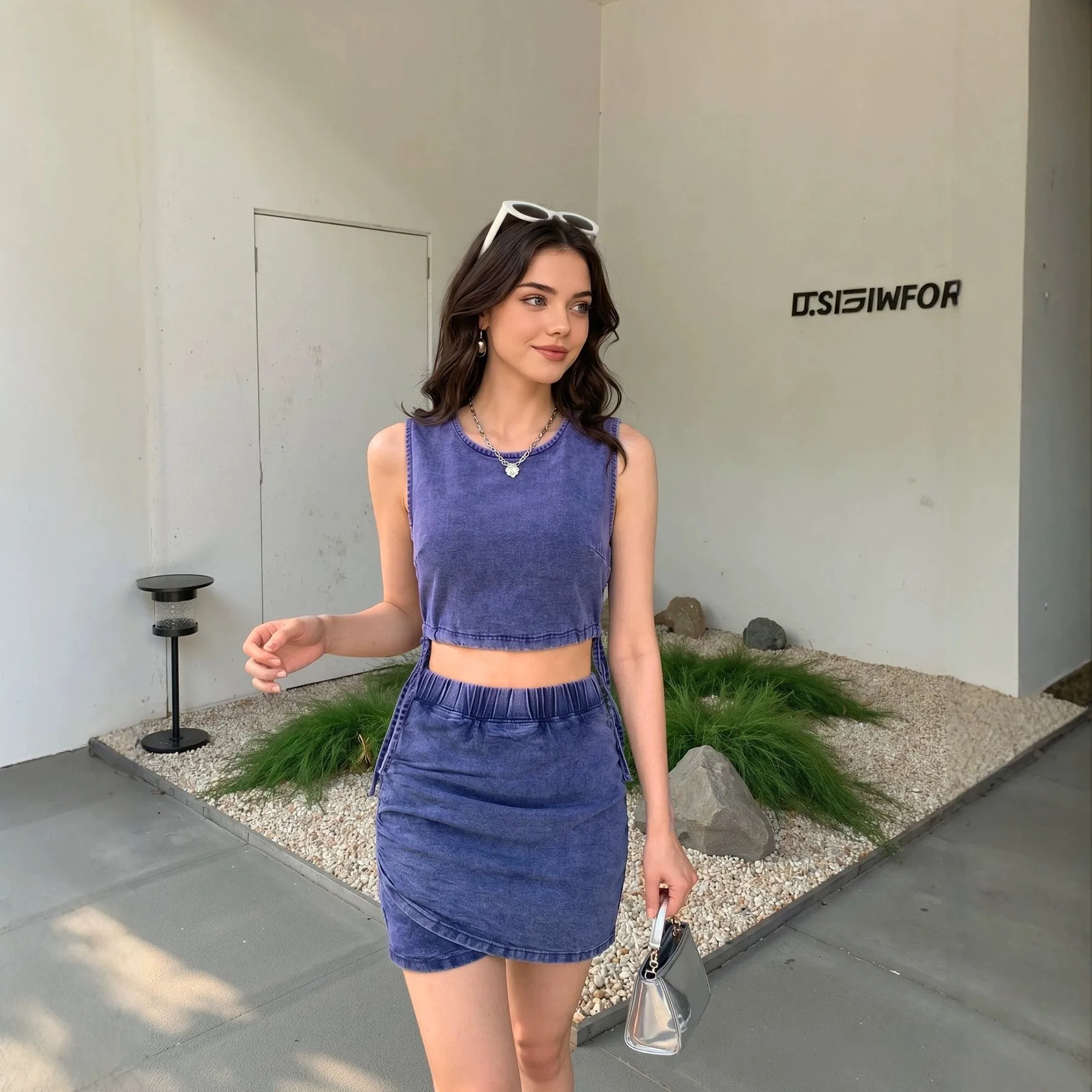Summer Dress Cotton Sleeveless Strap Mini Dress Solid Indigo Ruched Waist High Waist Short Crop Top Denim Set with Side Tie
Summer Dress Cotton Sleeveless Strap Mini Dress Solid Indigo Ruched Waist High Waist Short Crop Top Denim Set with Side Tie