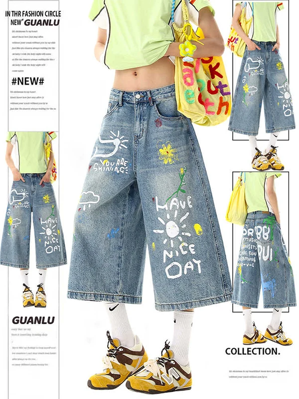 American Style Graffiti Print Wide Leg Jeans Women's Summer New Loose Fit High Waist Zipper Casual Cotton Blend Denim Shorts
American Style Graffiti Print Wide Leg Jeans Women's Summer New Loose Fit High Waist Zipper Casual Cotton Blend Denim Shorts