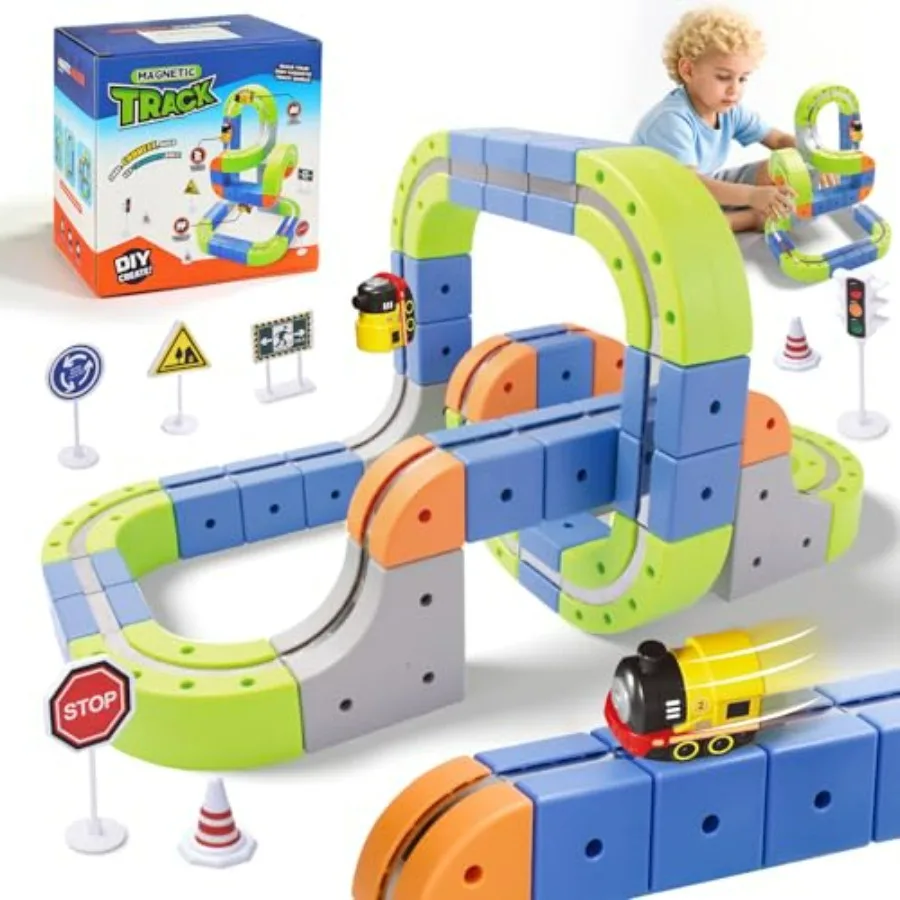 69PCS Electric Magnetic Train Track Sets DIY Race Car Track Building Kits with Train and Traffic Signs 3D STEM Toy for Toddlers
69PCS Electric Magnetic Train Track Sets DIY Race Car Track Building Kits with Train and Traffic Signs 3D STEM Toy for Toddlers