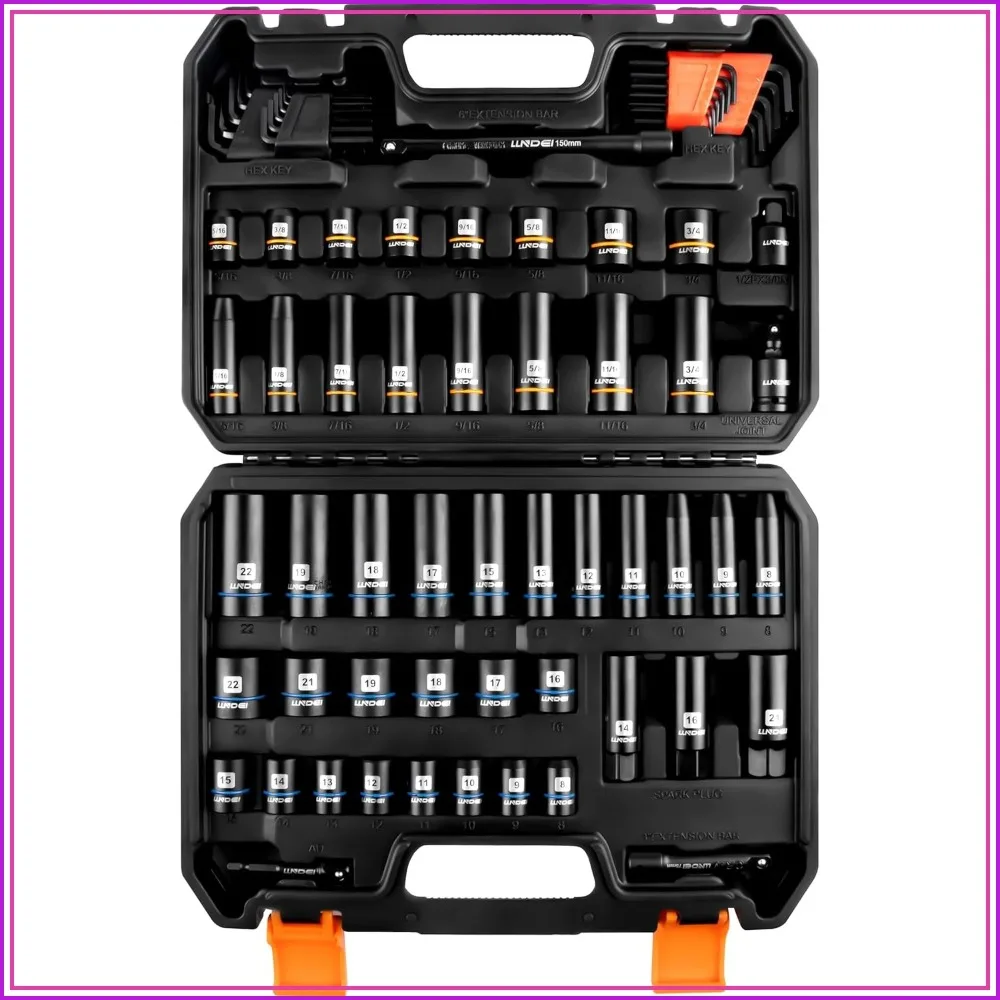 3/8 inch Drive 12 Point Socket Set 71 Piece, SAE & Metric, Deep & Shallow, CR-V, with Adapter & Extension Bar, Hex Key Set
3/8 inch Drive 12 Point Socket Set 71 Piece, SAE & Metric, Deep & Shallow, CR-V, with Adapter & Extension Bar, Hex Key Set
