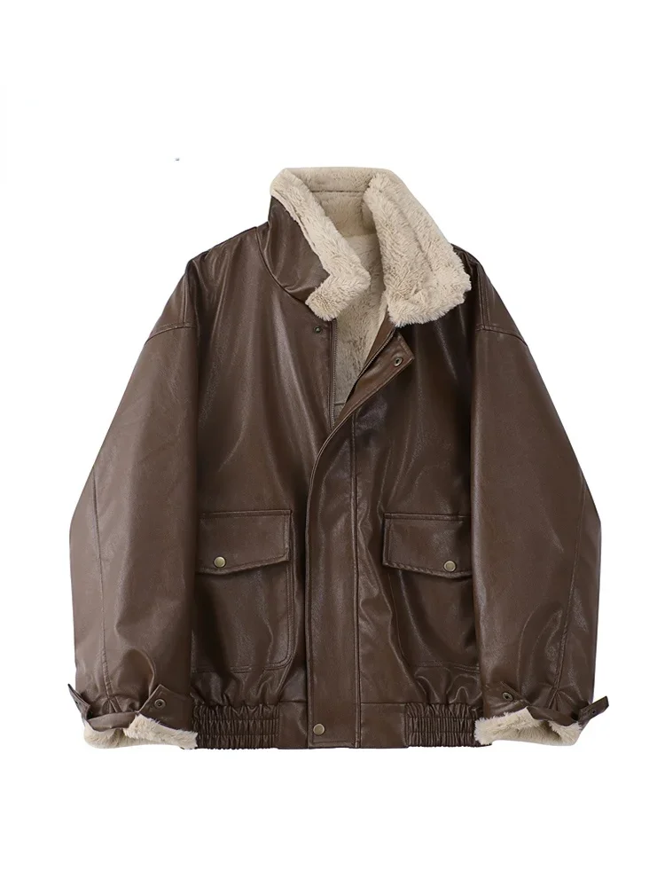 Winter Women's Fur Leather Coats Long Sleeved Loose Warm Lamb Wool Vintage Thickened Locomotive Lapel Female PU Motorcycle Coat
Winter Women's Fur Leather Coats Long Sleeved Loose Warm Lamb Wool Vintage Thickened Locomotive Lapel Female PU Motorcycle Coat
